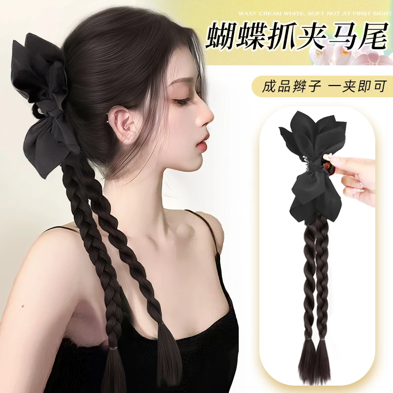 假发辫子百搭高级感甜美女黑色蝴蝶结抓夹马尾长发扭扭麻花辫发型