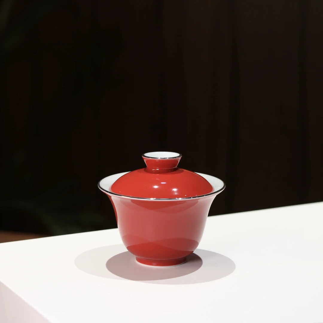 雨溪山房 景德镇高温原矿单色釉红色盖碗 茶道茶具 120cc