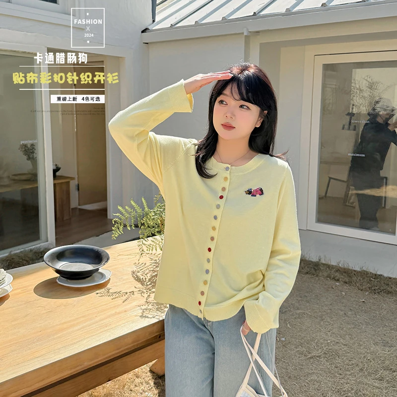 2025春季新款大码设计感卡通贴布彩扣针织开衫