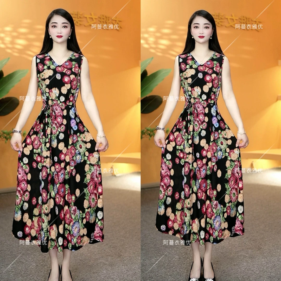 【衣雅严选】8080-1445#新款弹力冰丝缎面无袖系带长款连衣裙