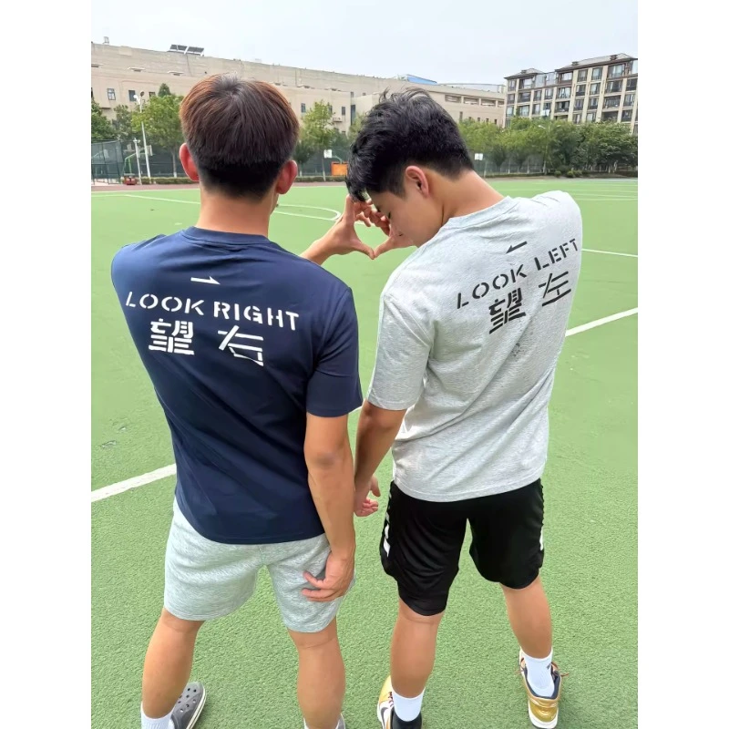 美式复古望左望右标语印花T恤男夏季设计感潮牌短袖重磅正肩半袖