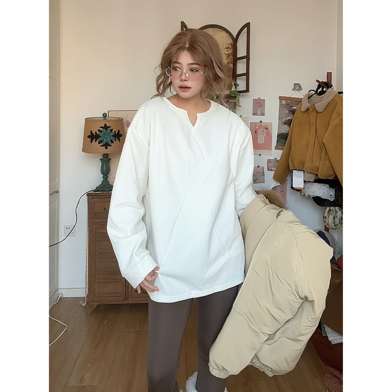 自留设计感加厚长袖纯色秋冬内搭水洗宽松T恤中长款oversize百搭