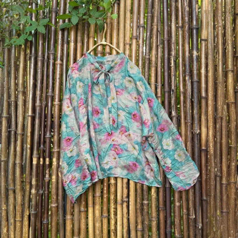 14435网红款文艺复古苎麻印花飘带衬衫休闲宽松百搭女式上衣