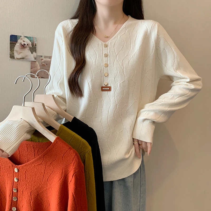 3409大码女装2024秋冬新款洋气v领针织衫胖MM宽松显瘦毛衣打底衫