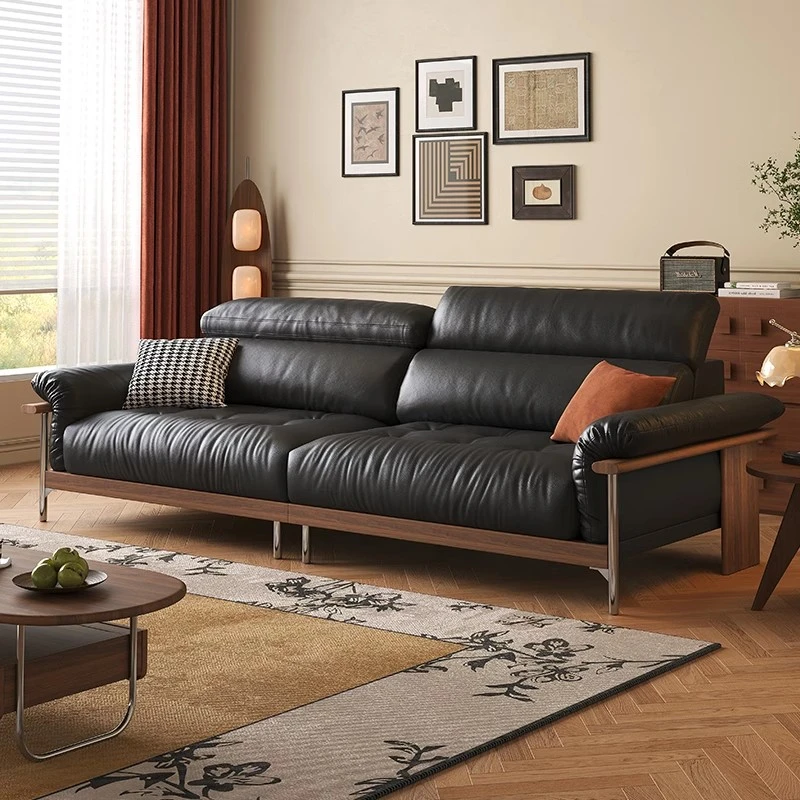 复古风真皮沙发客厅头层牛皮直排实木可调节头靠金属脚黑色皮沙发