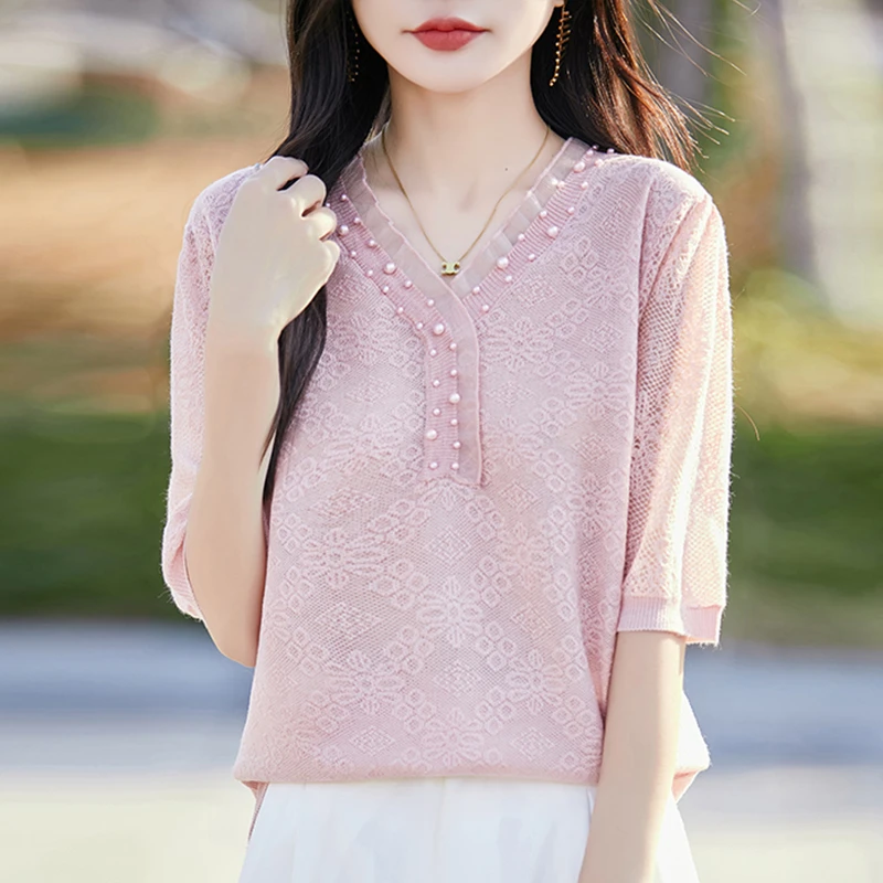 哥弟阿玛施正品夏季莱针织衫短袖女蕾丝V领新款钉珠镂空薄款上衣