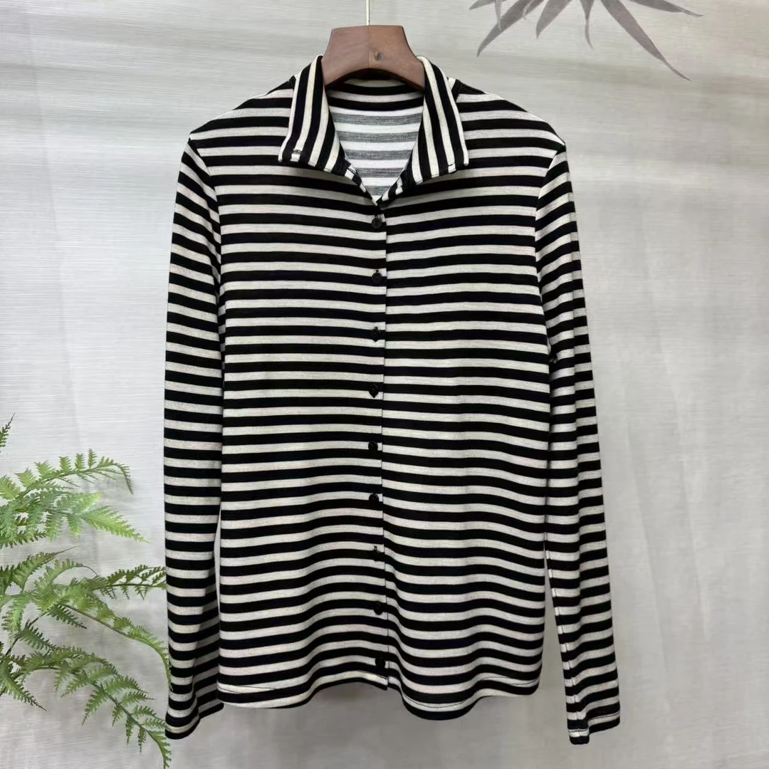 知羽.香云 早秋经典显瘦条纹100绵羊毛舒适百搭长袖开衫ZY5549