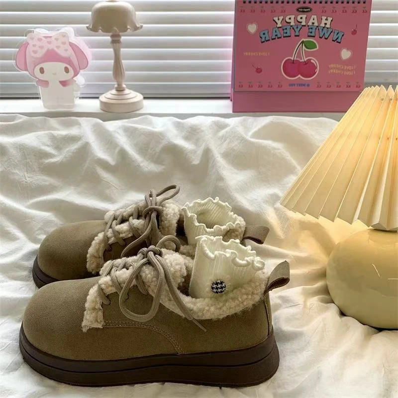 保暖厚底勃肯鞋女秋冬季圆头复古毛毛鞋系带雪地棉-1839
