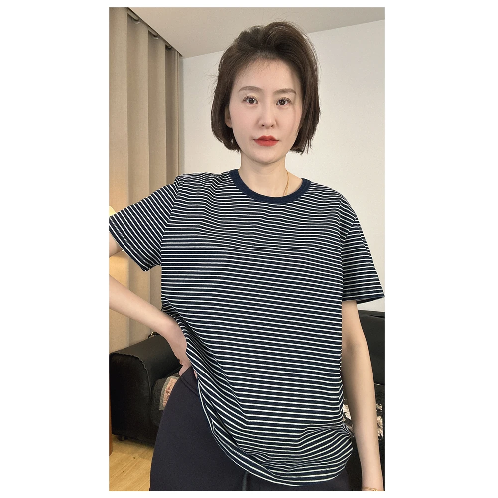 清货*【晴夏海风】宽松牛仔飞条纹短袖T恤