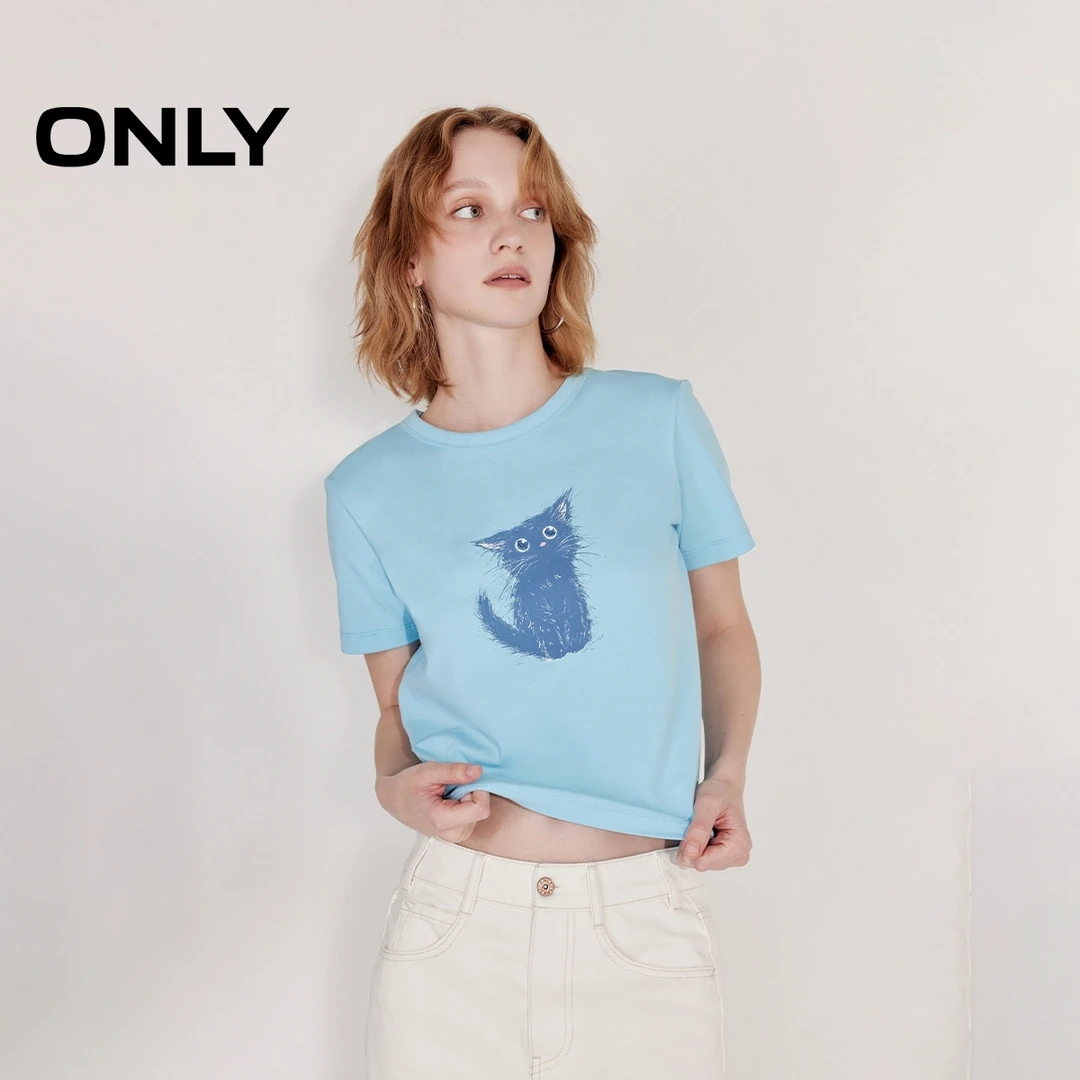 ONLY2025春季新款休闲可爱印花纯棉圆领短袖正肩T恤女|125201086
