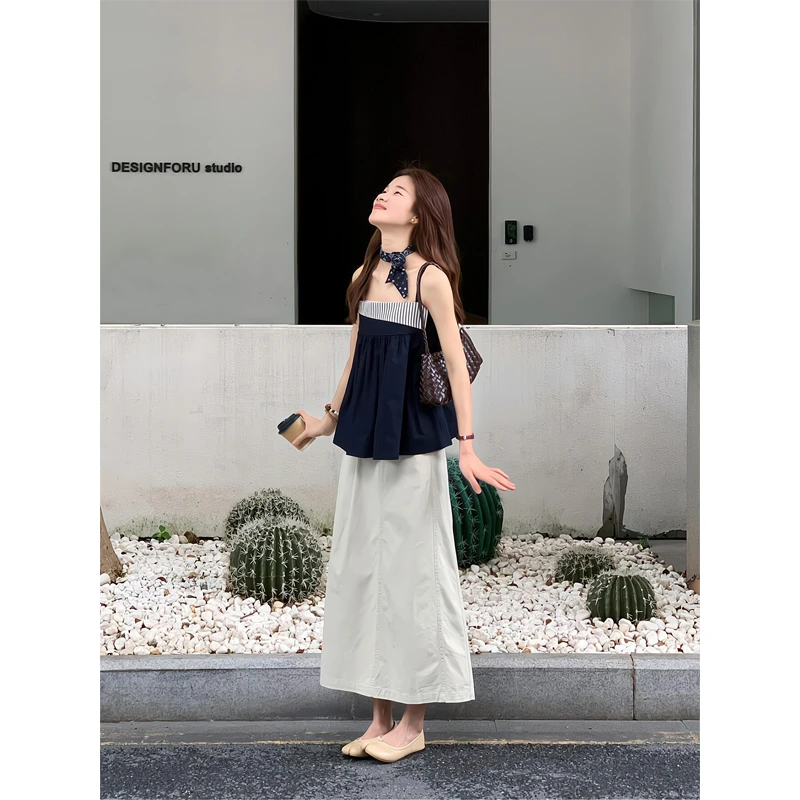 设计感条纹拼接背心吊带气质露肩衬衫速干a字工装裙半裙半身长裙