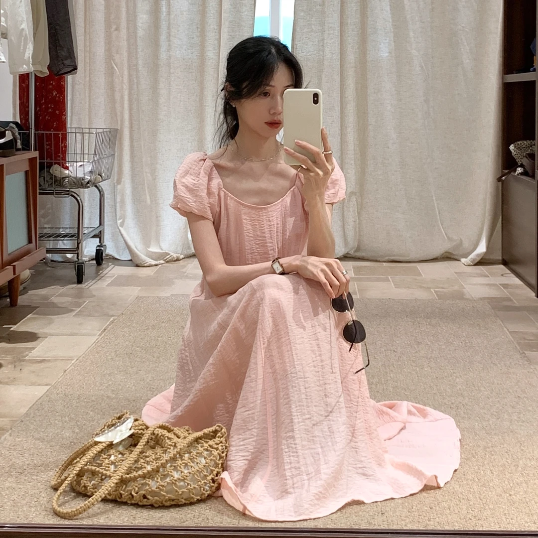 【泡泡袖收腰连衣裙】女2025夏季新款韩系设计感气质修身显瘦长裙