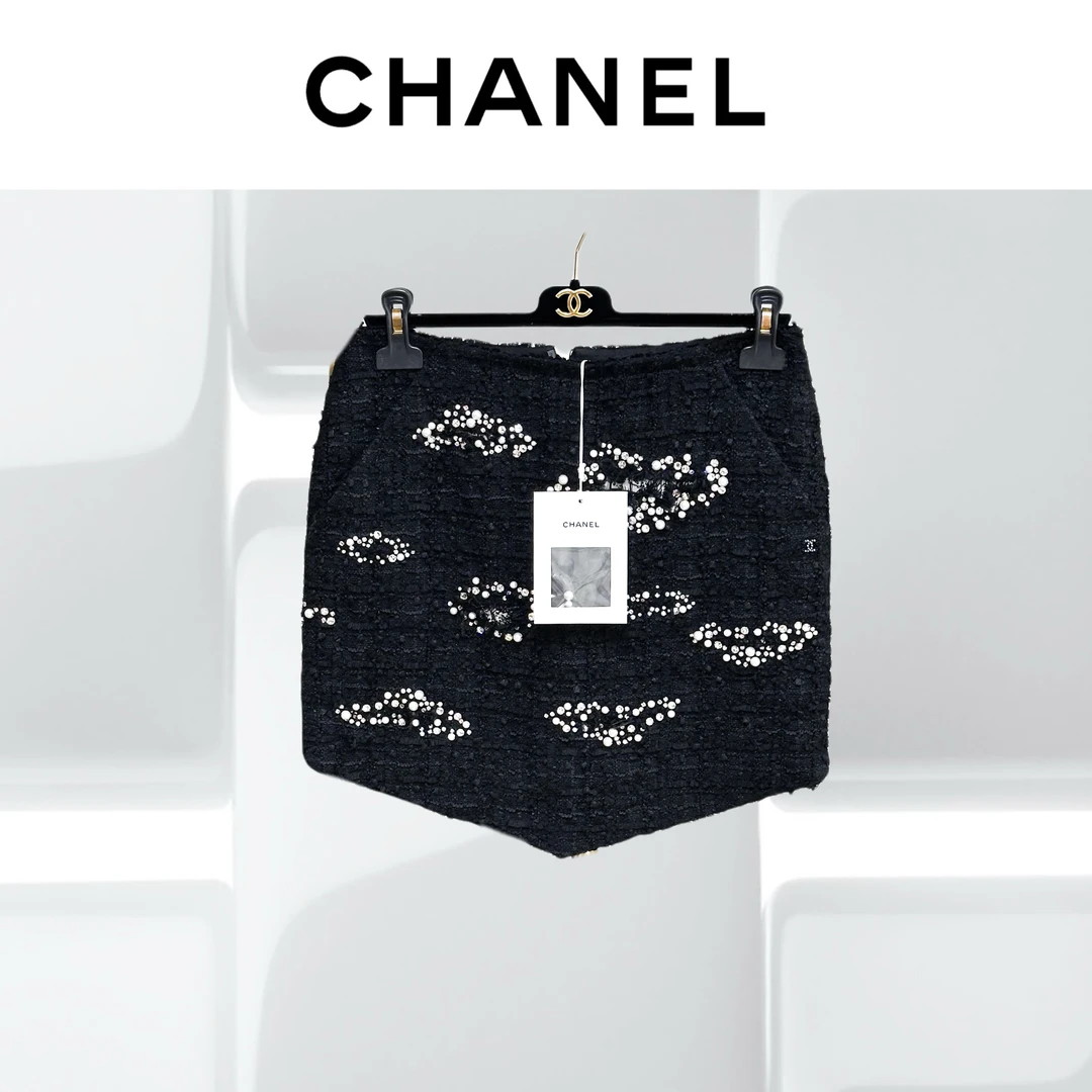 99新 Chanel/香奈儿 36码22C重磅水钻钉珠刺绣黑色不规则半身裙