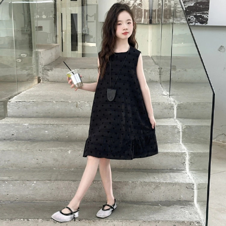 2025夏季新款女童无袖连衣裙儿童法式赫本风背心波点裙女生小黑裙