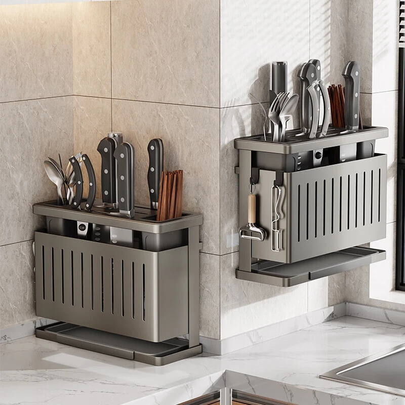 刀架置物架厨房壁挂台面一体多功能免打孔沥水双杯筷子菜刀收纳架