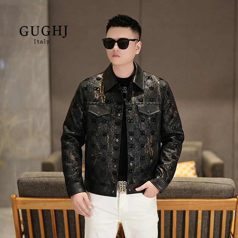 秋冬新款男士真皮拼接翻领加棉夹克外套时尚潮流百搭保暖短款上衣