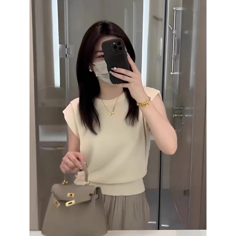 卡莲格/夏季款薄款冰丝针织衫T恤女气质收腰显瘦无袖坎肩圆领上衣