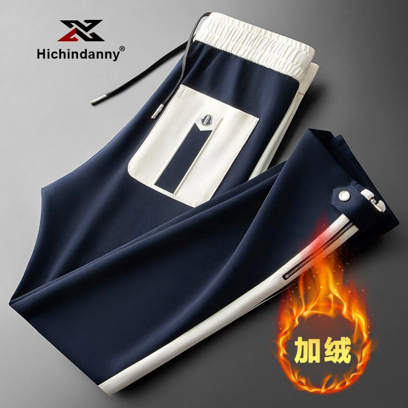 HICHIN直筒运动裤加绒加厚男士秋冬休闲卫裤时尚潮流撞色拼接长裤