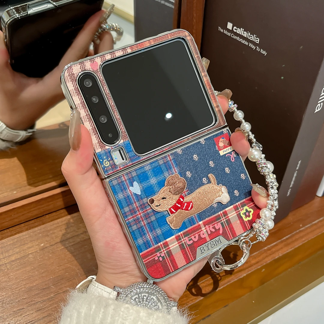 适用华为purax手机壳秋冬电镀格子腊肠狗刺绣pocket2折叠女保护套