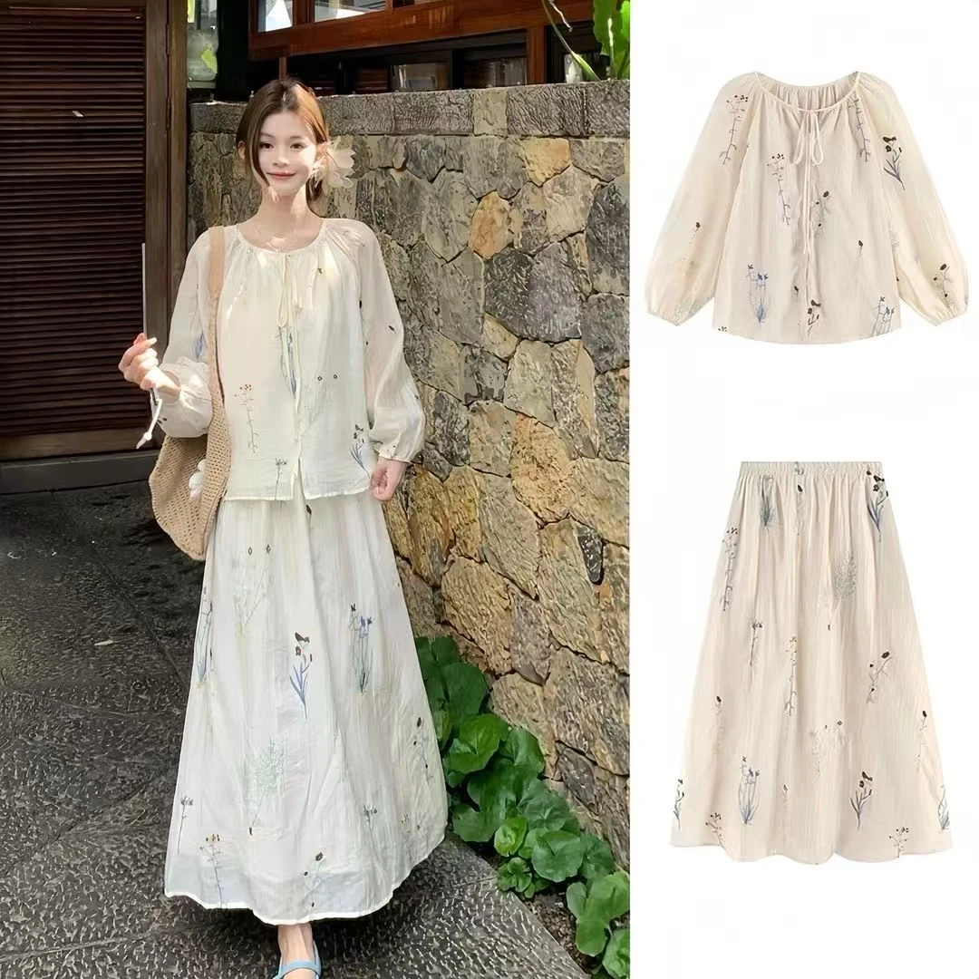 【现货+运费险】中式国风女装2025复古长袖宽松绣花松紧温柔套装裙