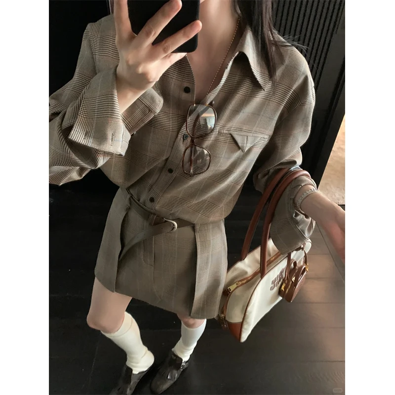 韩版复古千鸟格纹长袖休闲衬衫女春季气质百搭显瘦A字短裙两件套