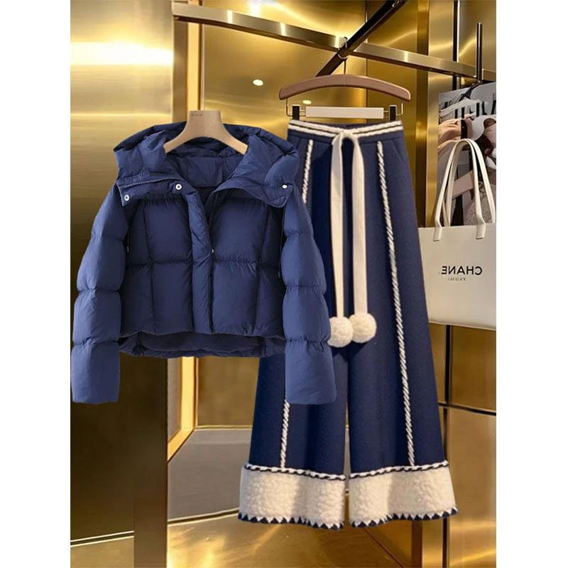 早春装搭配一整套蓝色棉服套装女微胖遮肚今年流行休闲裤子两件套