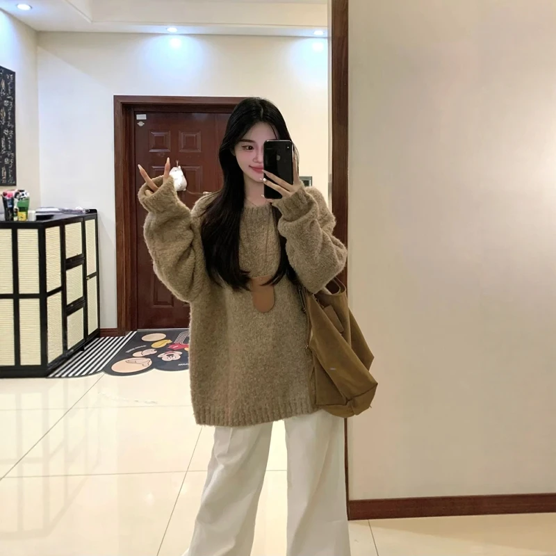 老钱风软糯加厚咖色毛衣女秋冬高级感慵懒宽松套头针织衫内搭上衣