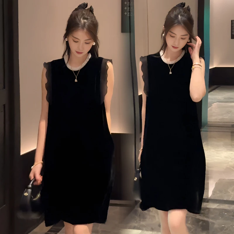 2025夏新款休闲百搭短裙无袖赫本风气质名媛撞色网纱连衣裙女装