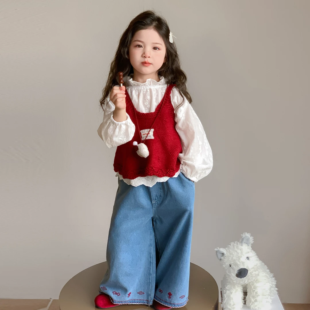 女童洋气宽松秋季阔腿裤三件套宝宝2025新款马甲衬衫套装时髦网红