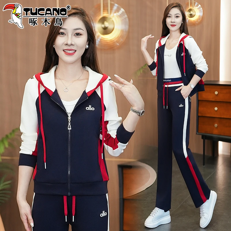 啄木鸟休闲运动套装女2025新款春秋宽松跑步服连帽女士卫衣两件套