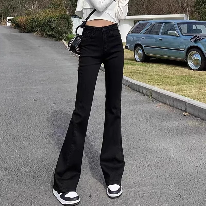 黑色高腰秋冬加绒微喇叭牛仔裤女2025年春秋新款爆款女士马蹄裤子