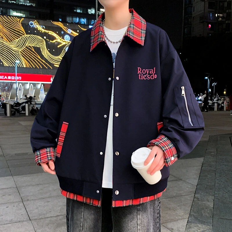 2025春季户外翻领港风时尚潮流休闲拼色格子夹克宽松百搭外套男潮