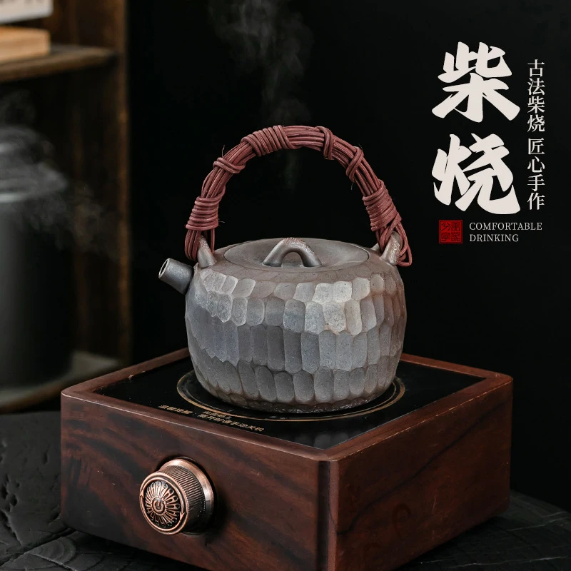 原矿柴烧日式锤纹陶瓷复古泡茶器煮茶单茶壶茶水壶提梁壶仿古茶壶