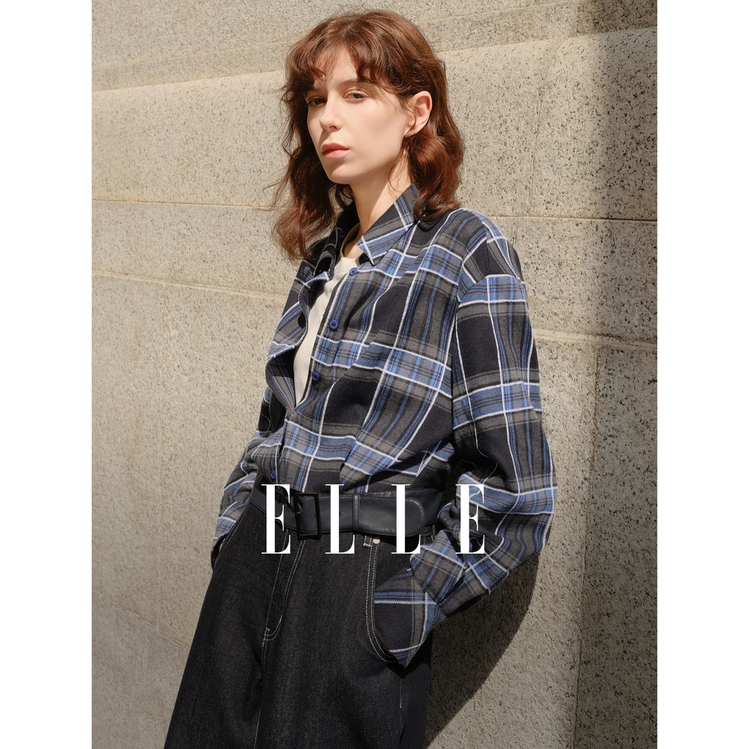 ELLE法式复古格纹短款衬衫女2025秋新款宽松休闲衬衣外套EC51797