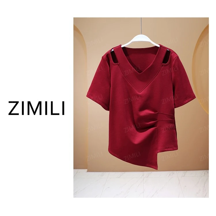[LIANG哥女装]欧版安哥拉红压褶V领时尚短袖短袖9718