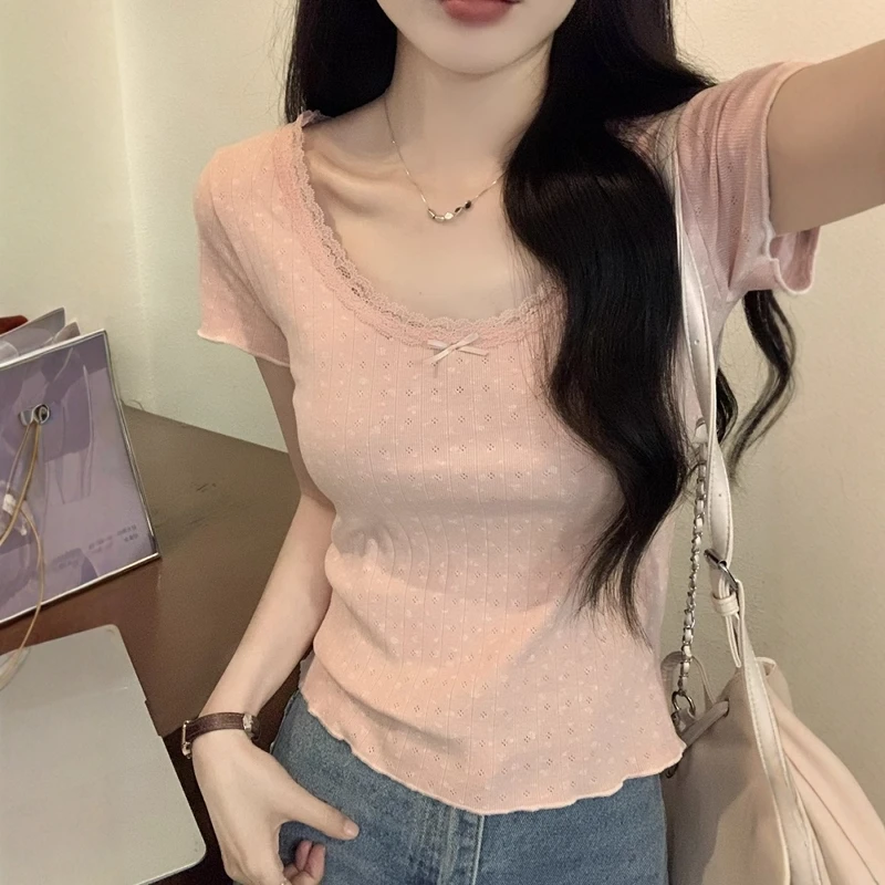 纯欲蕾丝花边正肩短袖t恤女夏季修身u领甜辣风短款bm碎花减龄上衣
