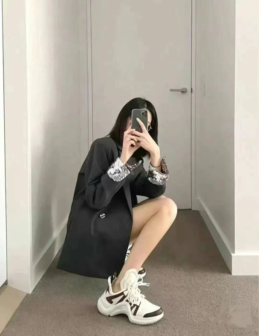 【高奢版】新款运动鞋弓形老爹鞋厚底增高真皮休闲鞋拼色透气女鞋