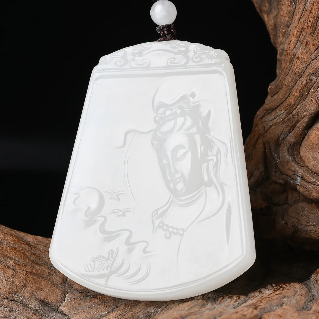 天然和田玉羊脂玉山水观音吊坠男女款观音菩萨项链挂件玉观音玉坠