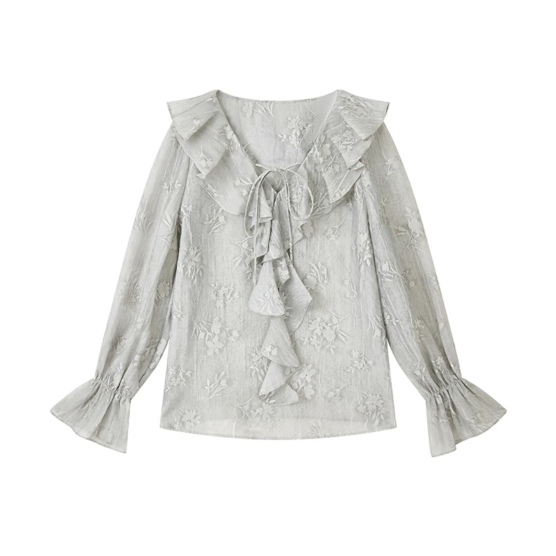 【籽言专属】V领荷叶边系带小衫N7706