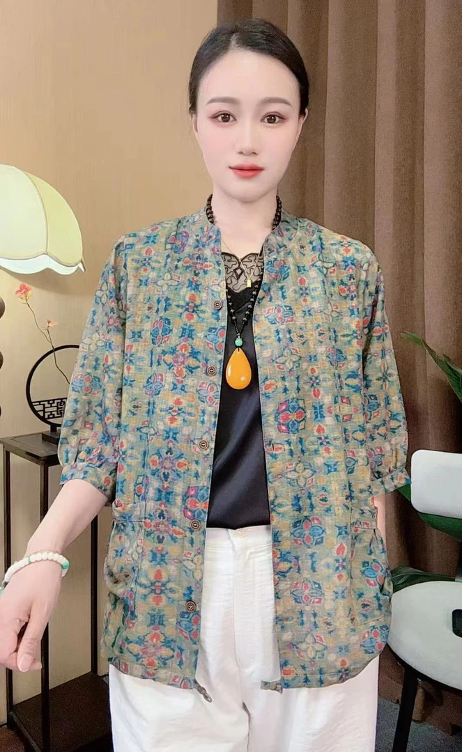 夏季新品时尚洋气显瘦开衫妈妈装上衣立领七分袖