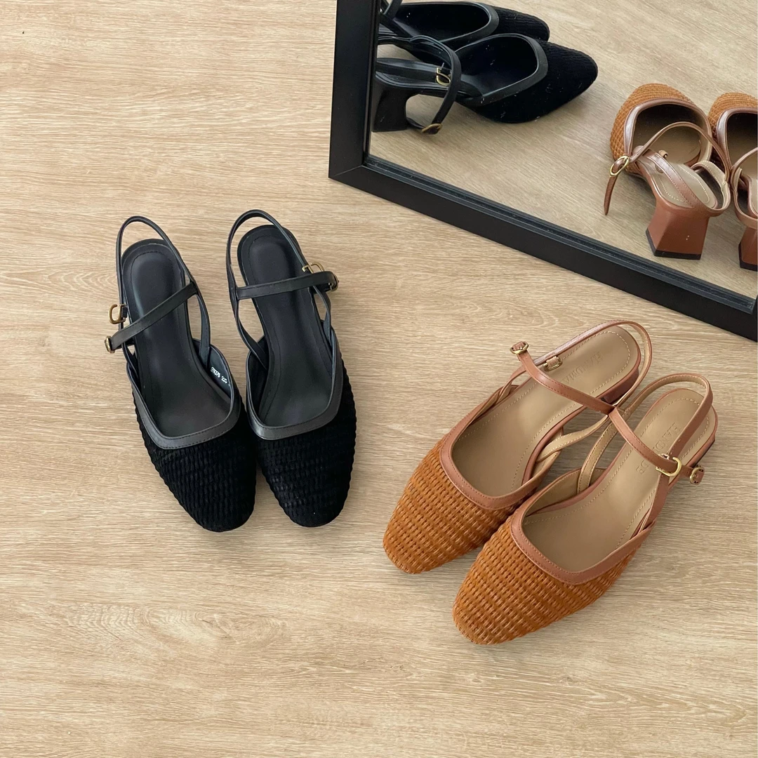 HUSSLOVE 头层牛皮+羊猄·跟高4CM·复古磨砂编织后空包头凉鞋女