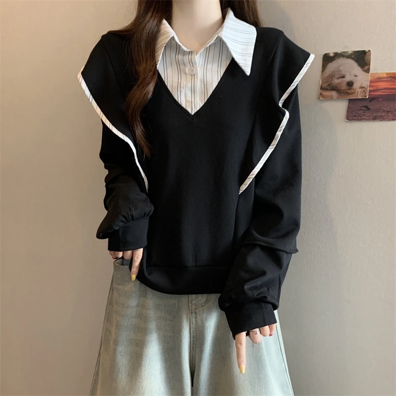 大码女装遮肚子条纹拼接POLO领卫衣女春秋胖妹妹宽松显瘦长袖上衣