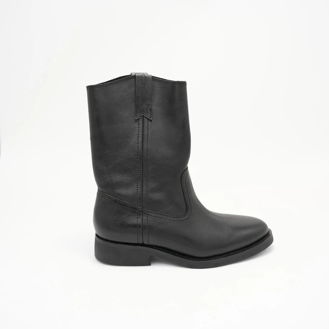 【ZQ】新款全真皮黑色骑士女3.5cm粗跟中筒骑士靴