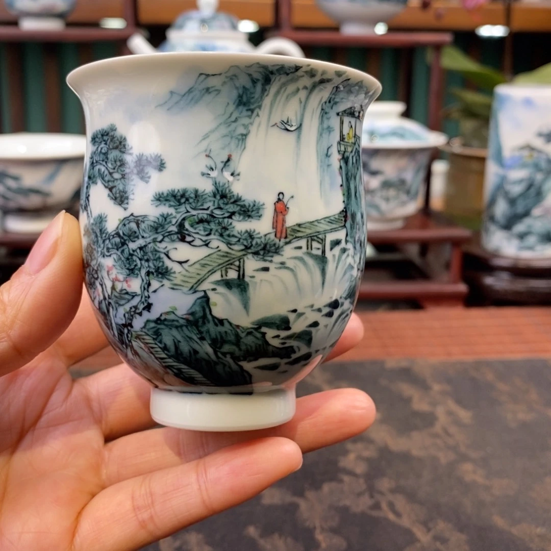 手工陶瓷柴窑五彩山水福袋型杯