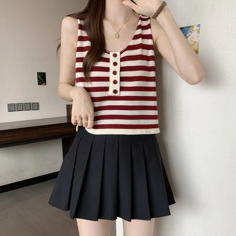 【工厂直销】新款复古设计感叠穿百搭镂空条纹吊带背心女露肩上衣