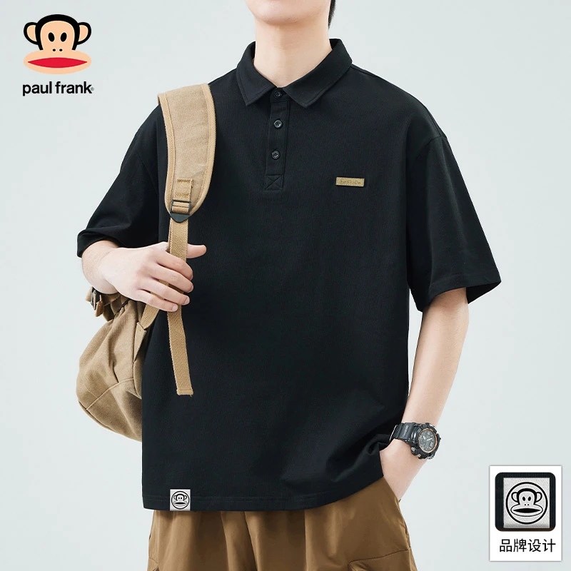 PaulFrank/大嘴猴2025夏季薄款黑色POLO衫男士翻领宽松短袖上衣男