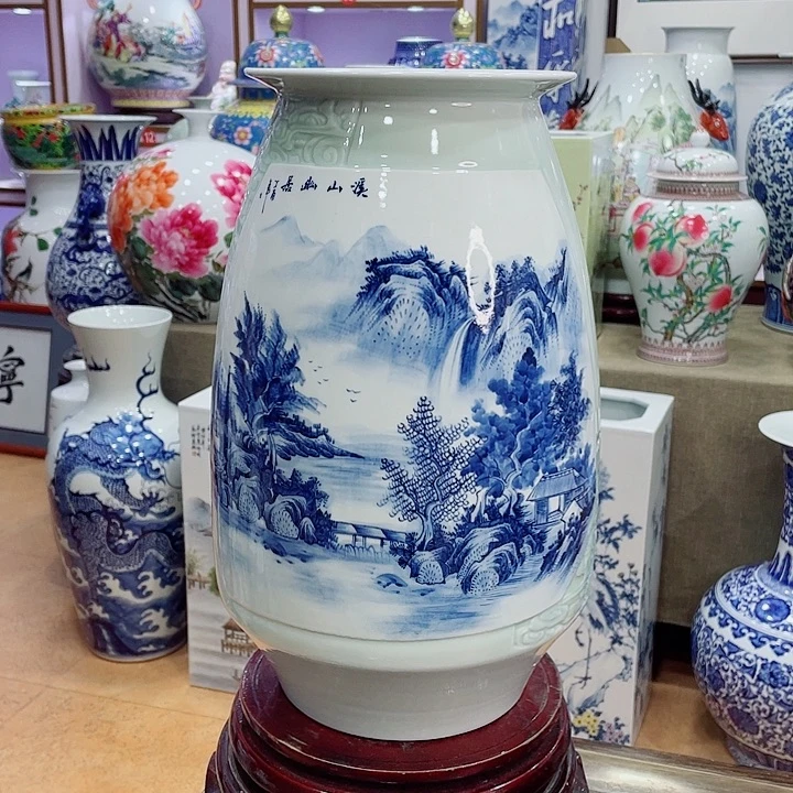 花瓶全手工双面画釉下青花山异形瓶