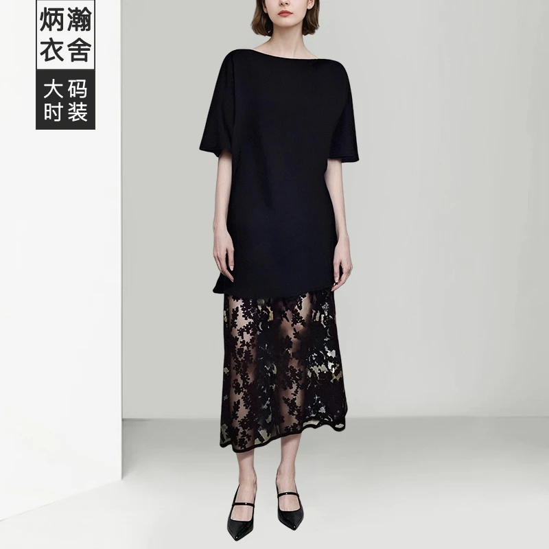 【炳瀚】大码高级轻奢瘦25夏宽松针织配蕾丝裙套装BH225WBH15573-1