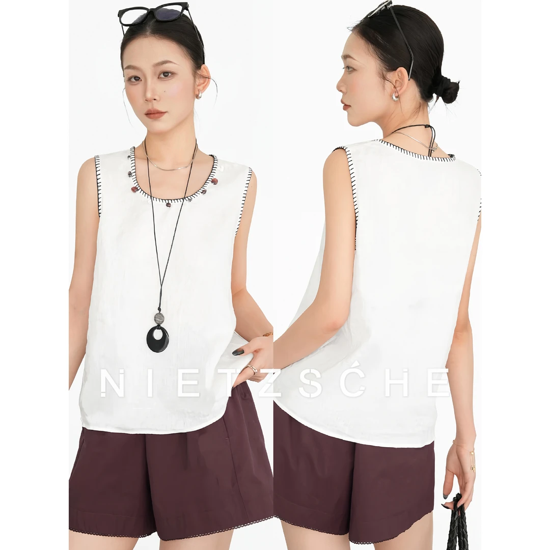 Nietzsche｜玉石锁边小衫｜1oo%亚麻 撞色线手工钉珠上衣背心61871