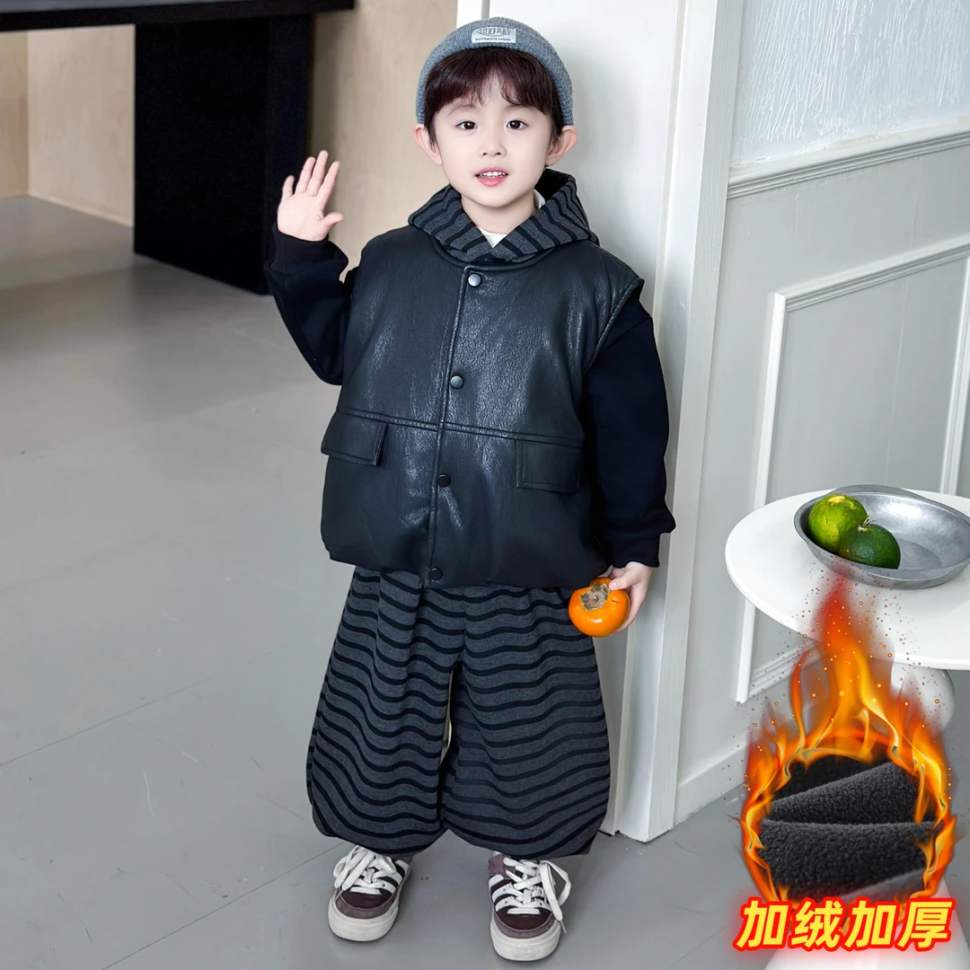 男童加绒马甲三件套儿童冬季套装2025新款男宝宝冬装加厚保暖衣服